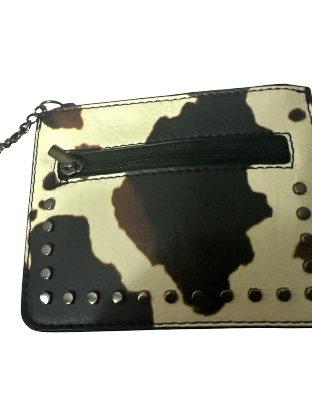 NWOT leather cow print with gunmetal studs two zip pockets card or keychain cute